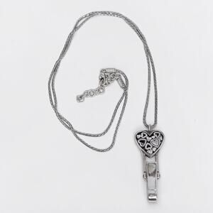 Brighton Lanyard Badge Holder Clip Heart Necklace Floating Heart 34-36" Silver